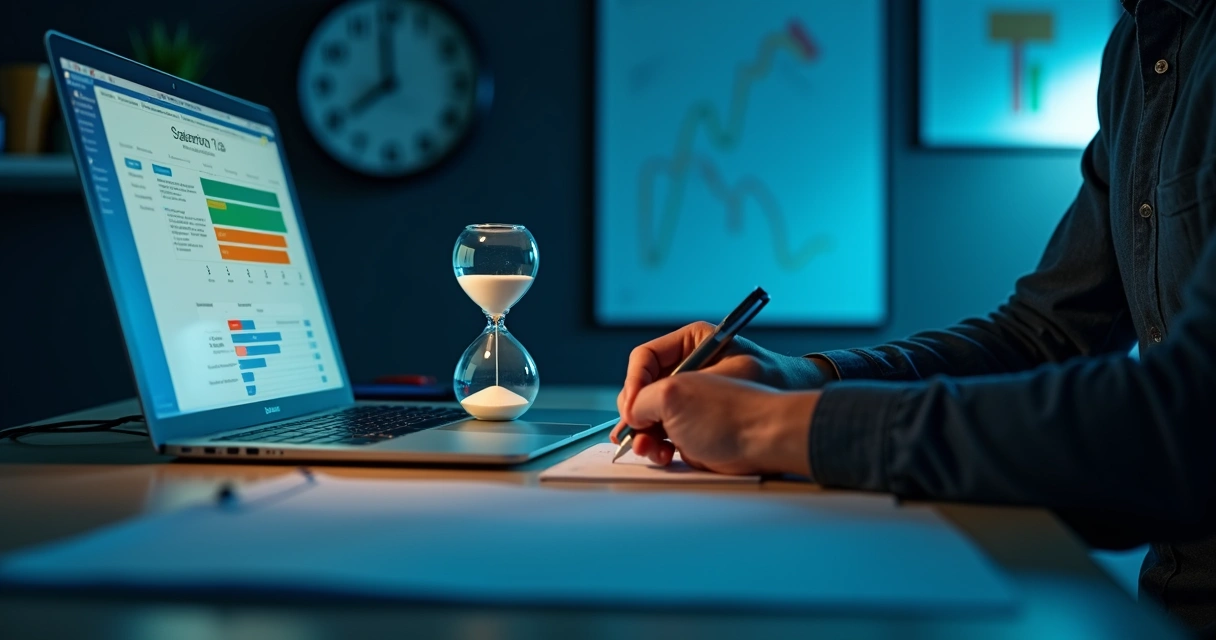 Empresário marcando exatamente uma hora em ampulheta ao lado de notebook com funil de vendas na tela 