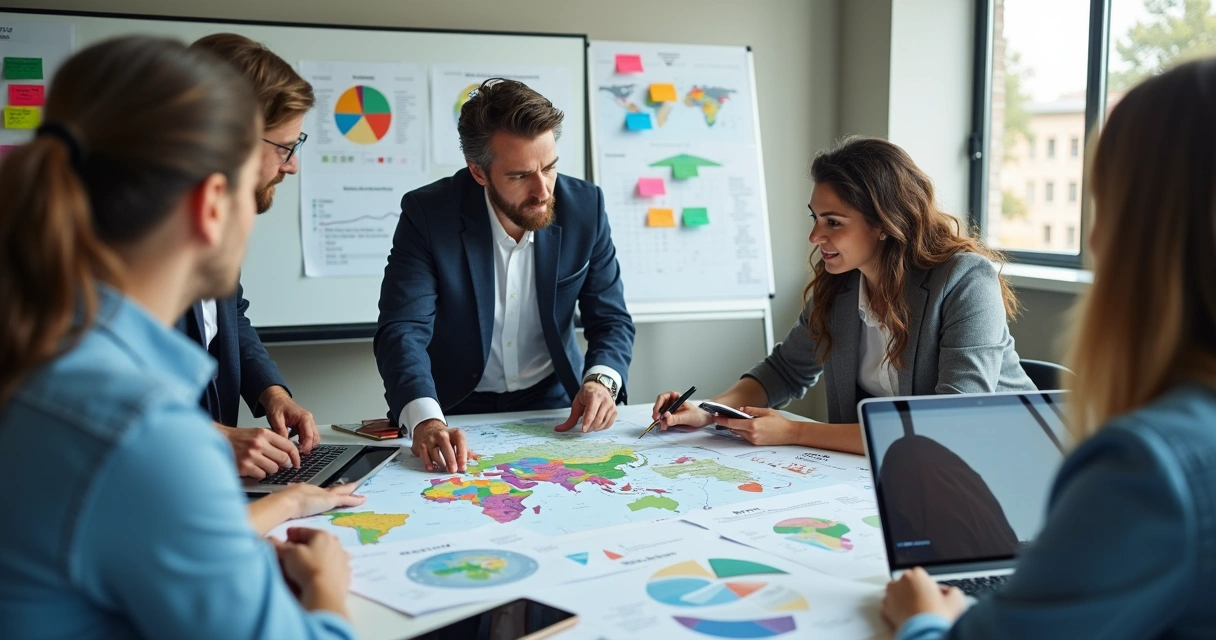 Equipe analisando mapas e dados em sala de reunião com laptops