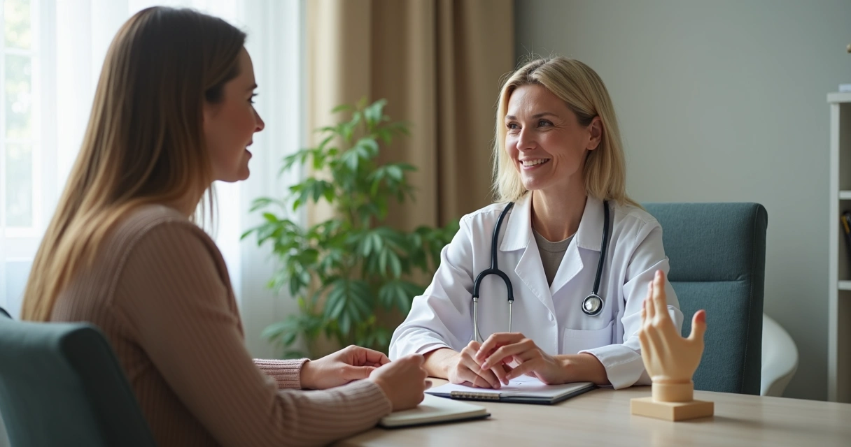 Médica reumatologista orientando paciente durante consulta 