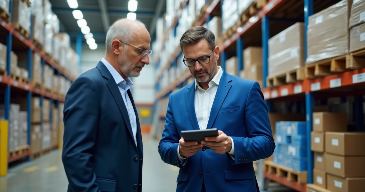 Corretor de seguros analisando in loco uma empresa com tablet na mão, apontando pontos de risco numa parede elétrica exposta. 