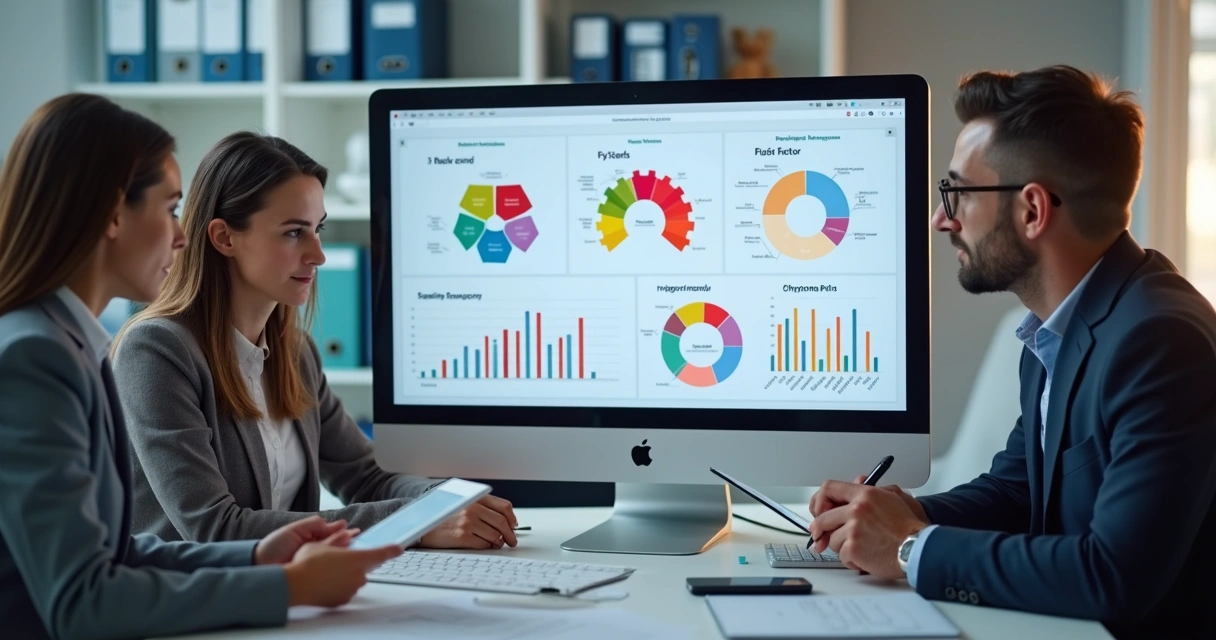 Equipe de RH analisando gráficos de riscos em uma tela de computador 