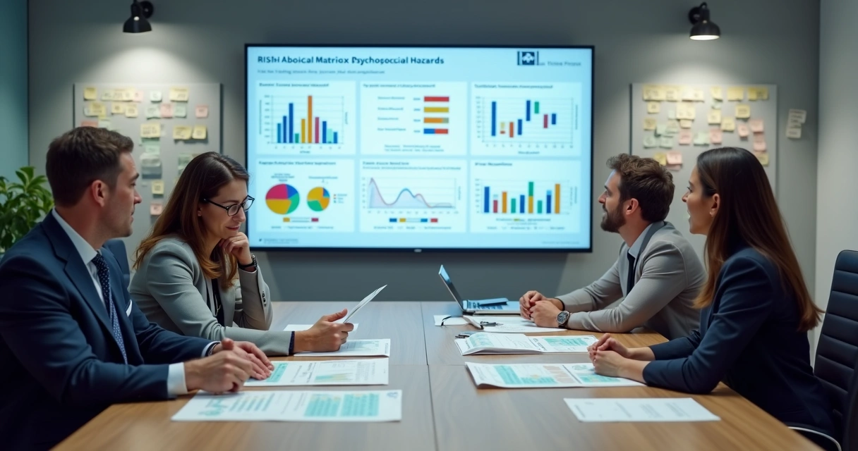Equipe analisando relatórios e gráficos de riscos psicossociais em uma sala de reuniões 
