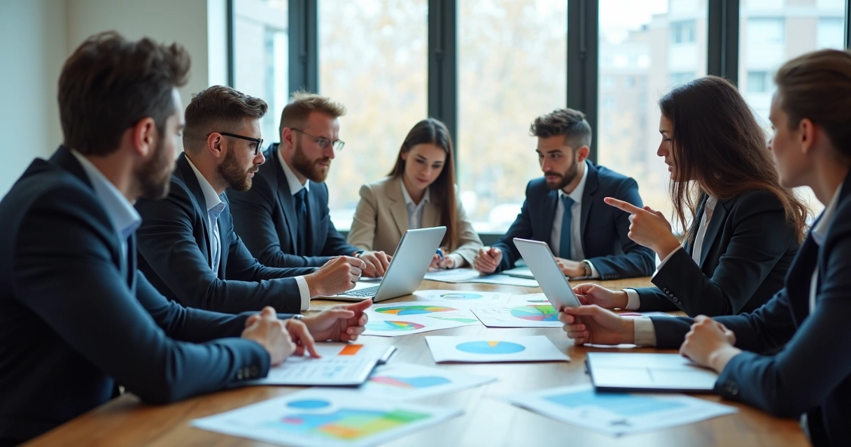 Profissionais avaliando relatórios de riscos psicossociais em uma sala de reunião 