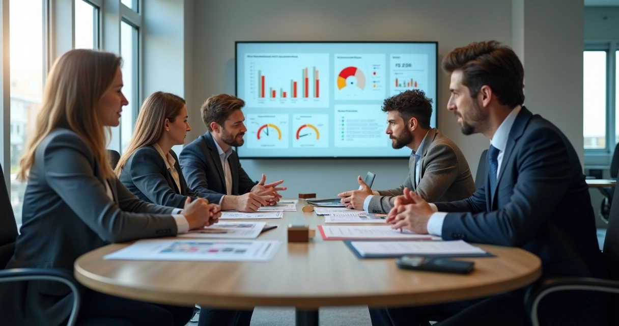 Gestores reunidos analisando documentos e indicadores de riscos psicossociais 