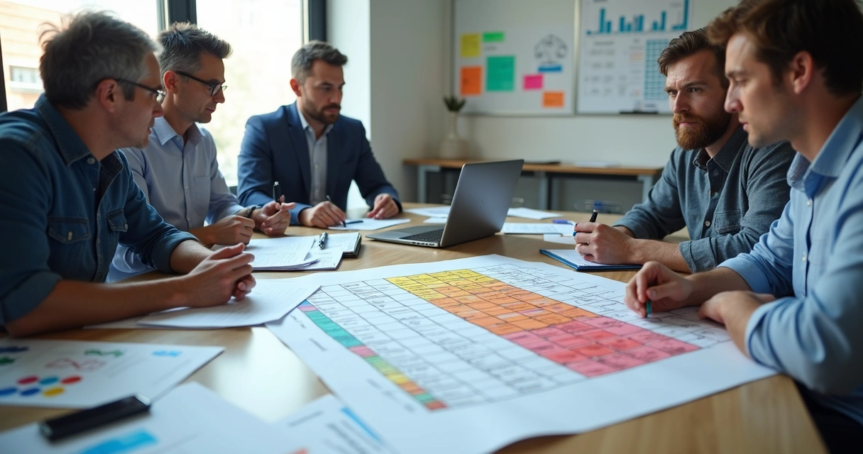 Matriz de riscos psicossociais discutida em reunião de equipe de SST 