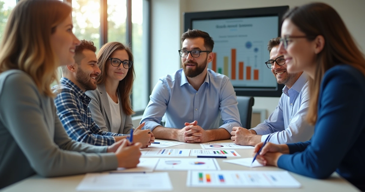 Equipe reunida analisando formulários de diagnóstico de riscos num ambiente corporativo 