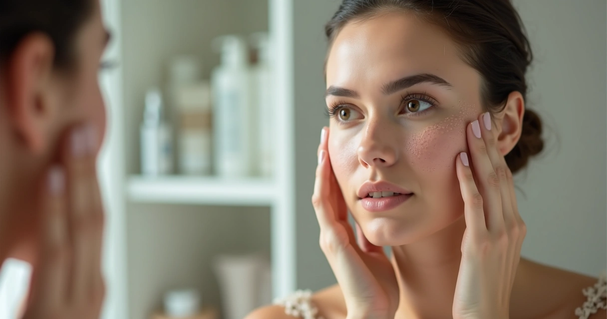 Mulher analisando a pele do rosto diante do espelho 
