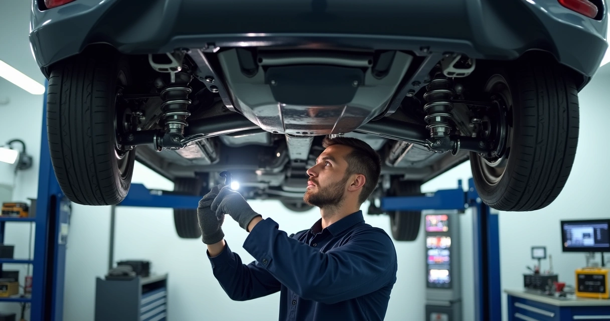 Mecânico examinando sistema de suspensão de carro em oficina automotiva com ferramentas e iluminação detalhada 