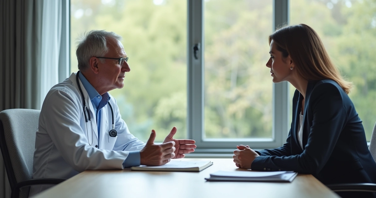Profissional de saúde conversando com executivo em consultório moderno 