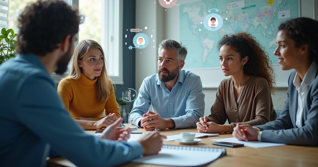 Avaliação psicossocial em grupo durante reunião de trabalho. 