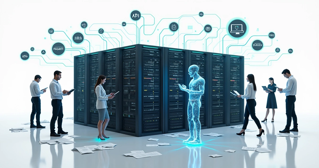 Diagrama detalhado de sistemas legados conectados a ERP, CRM, planilhas e APIs, com destaque para fluxos de dados entre humanos e IA 