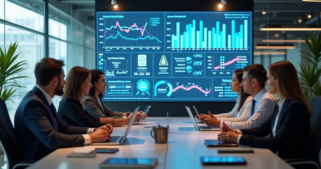 Profissionais analisando métricas de redes sociais em telas grandes 