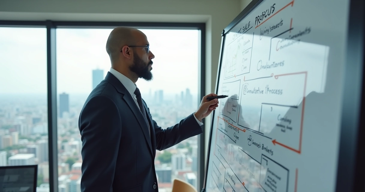 Profissional desenhando fluxograma de diagnóstico de solucoes em lousa para vendas B2B 