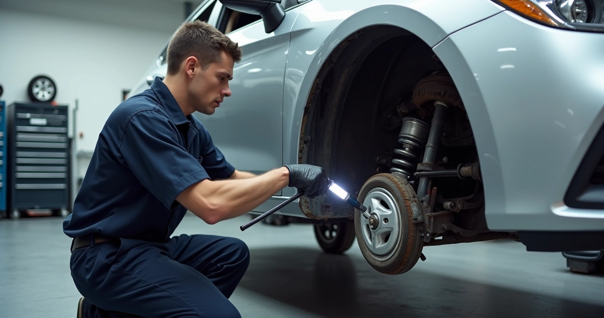Mecânico analisando suspensão dianteira de carro elevado em oficina iluminada 