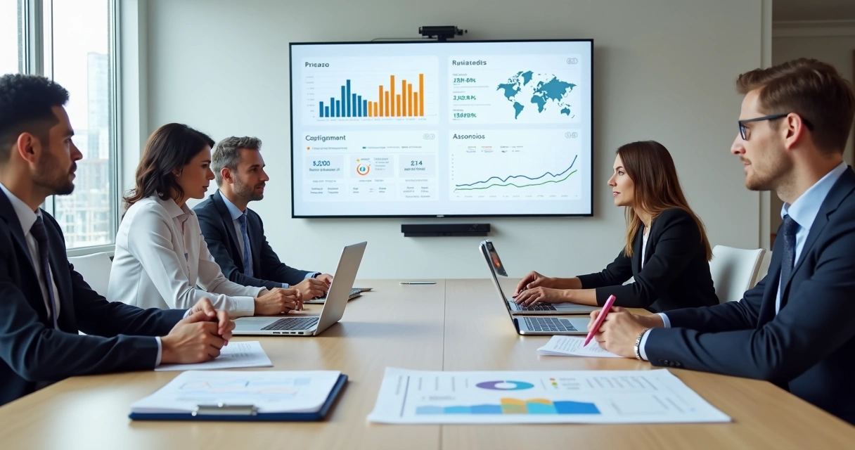 Gestores analisando painéis de dados de treinamento em uma sala de reunião moderna 