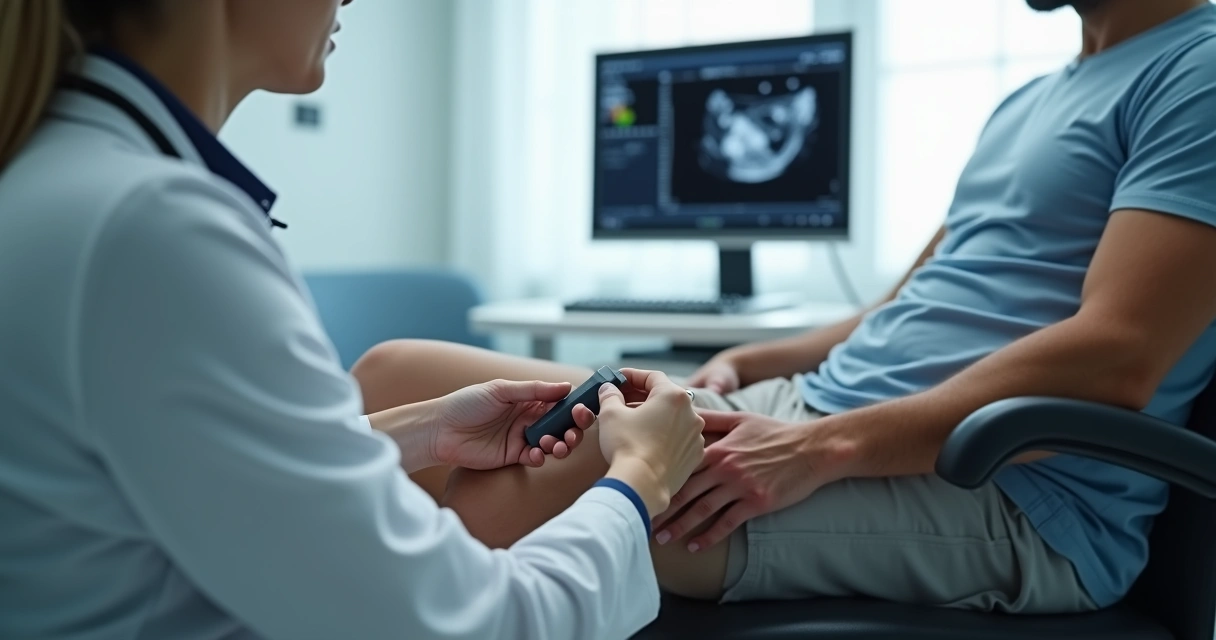 Médico realizando ultrassonografia na perna do paciente 