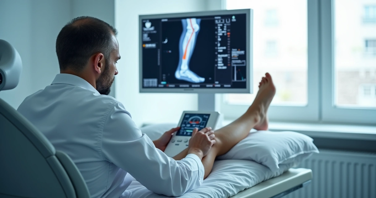 Médico examinando perna de paciente para diagnóstico de trombose 
