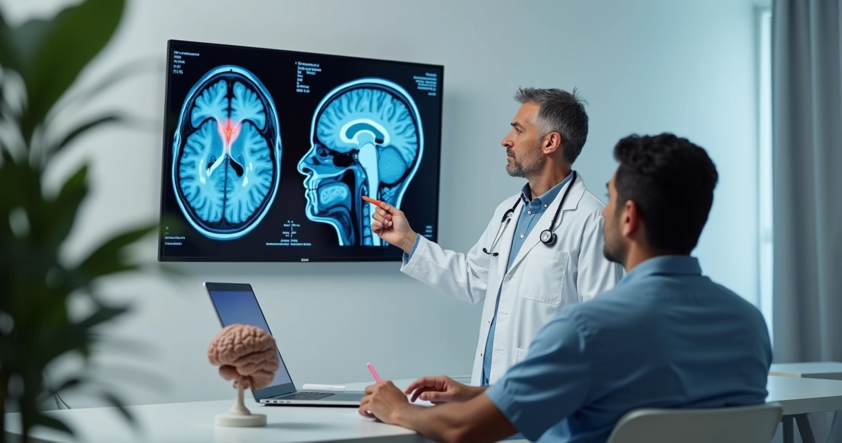 Neurocirurgião analisando exame de ressonância magnética cerebral de paciente adulto em consultório moderno 