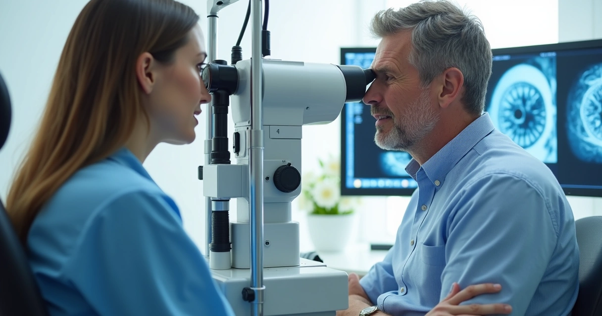 Oftalmologista analisando exames de olho de adulto 