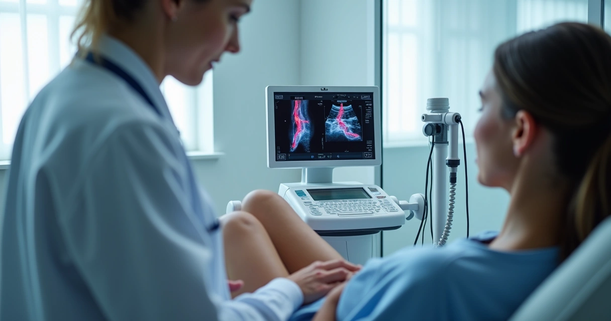 Médico examinando perna com ultrassom moderno 