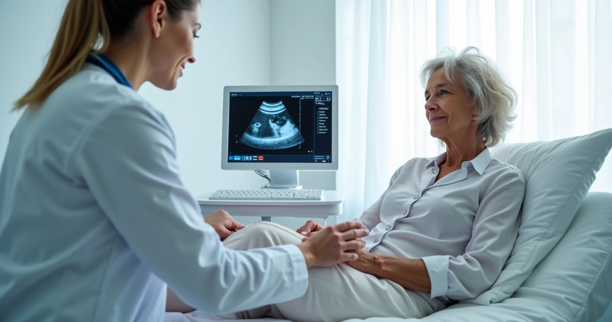 Médico realizando ultrassom Doppler nas pernas de paciente 