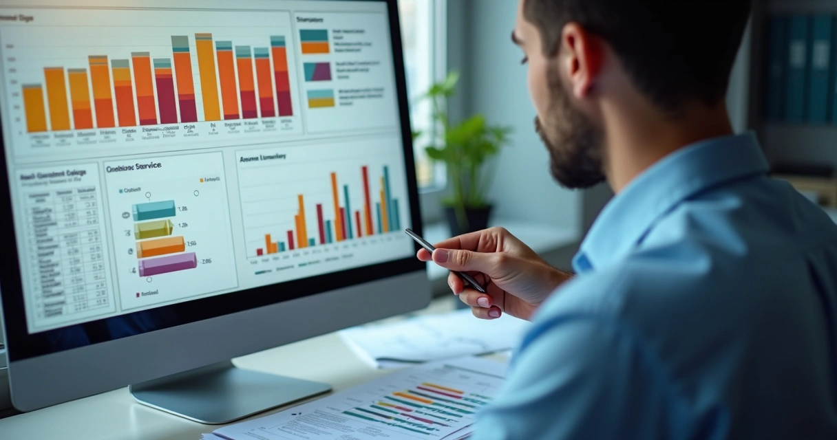 Analista revisando dashboard de uso de serviço anual, gráficos coloridos na tela, papelada de indicadores financeiros e computador com destaque no relatório anual 