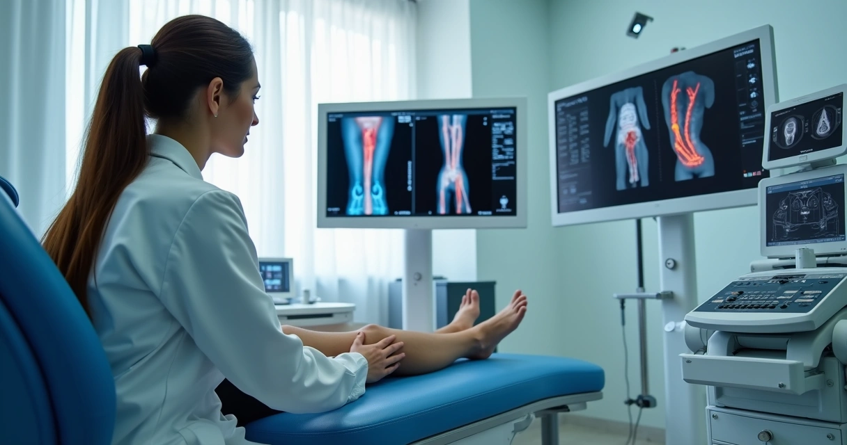 Médico avaliando perna de paciente com varizes usando ultrassom 