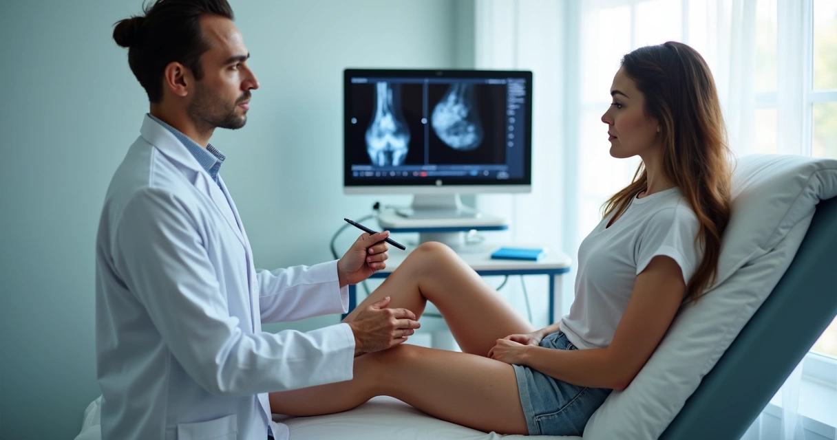 Consulta médica vascular analisando pernas de paciente com veias visíveis