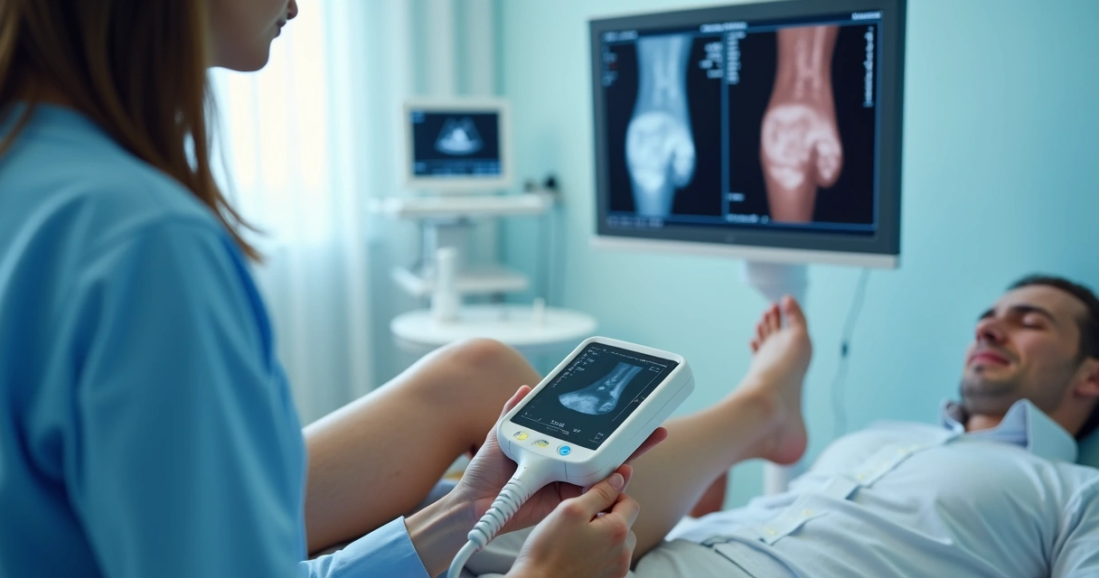 Médica realizando exame de ultrassom Doppler em pernas de paciente para diagnóstico de varizes 