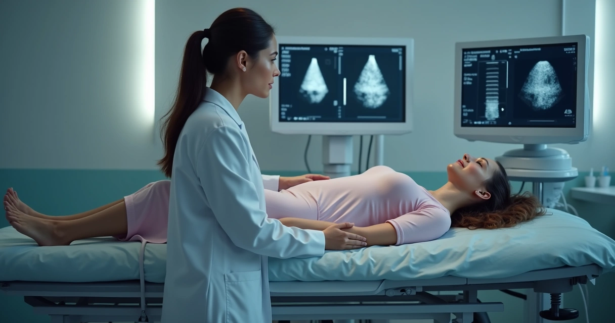 Médico examina paciente com aparelho de ultrassom em consultório vascular
