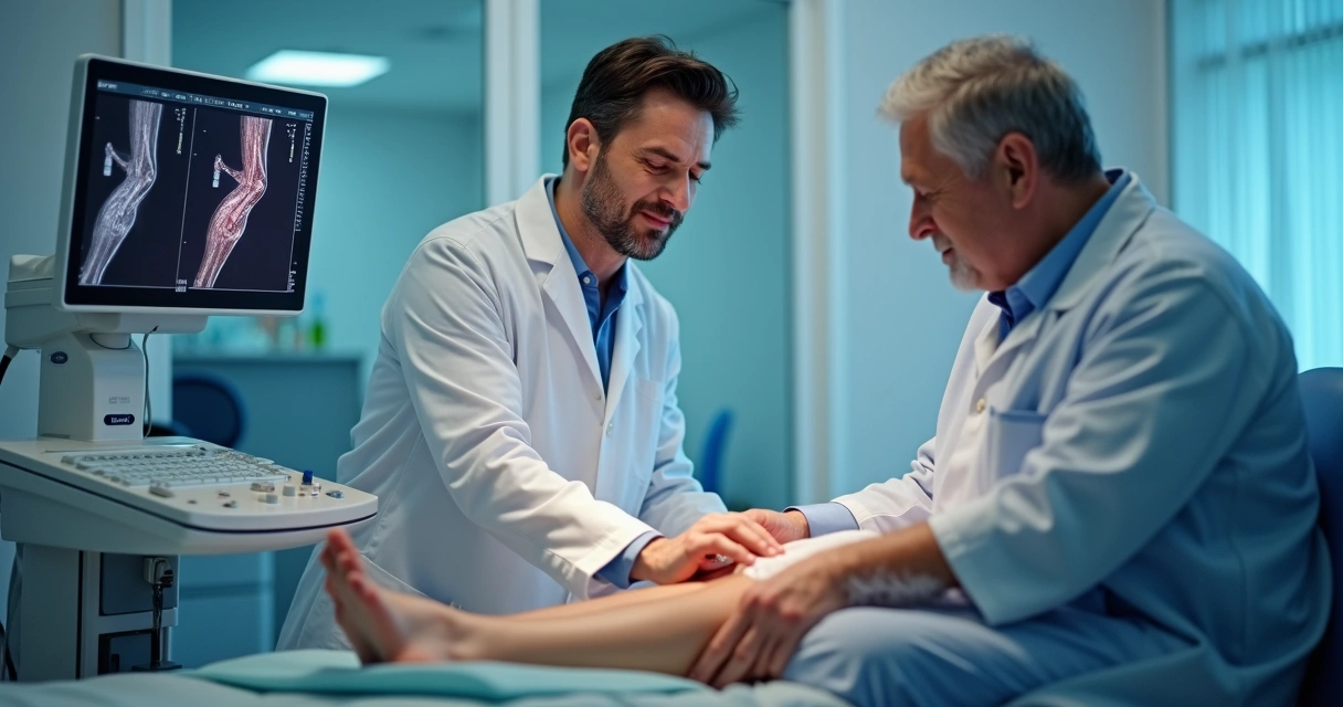 Médico realizando ultrassom Doppler na perna do paciente em consultório vascular 