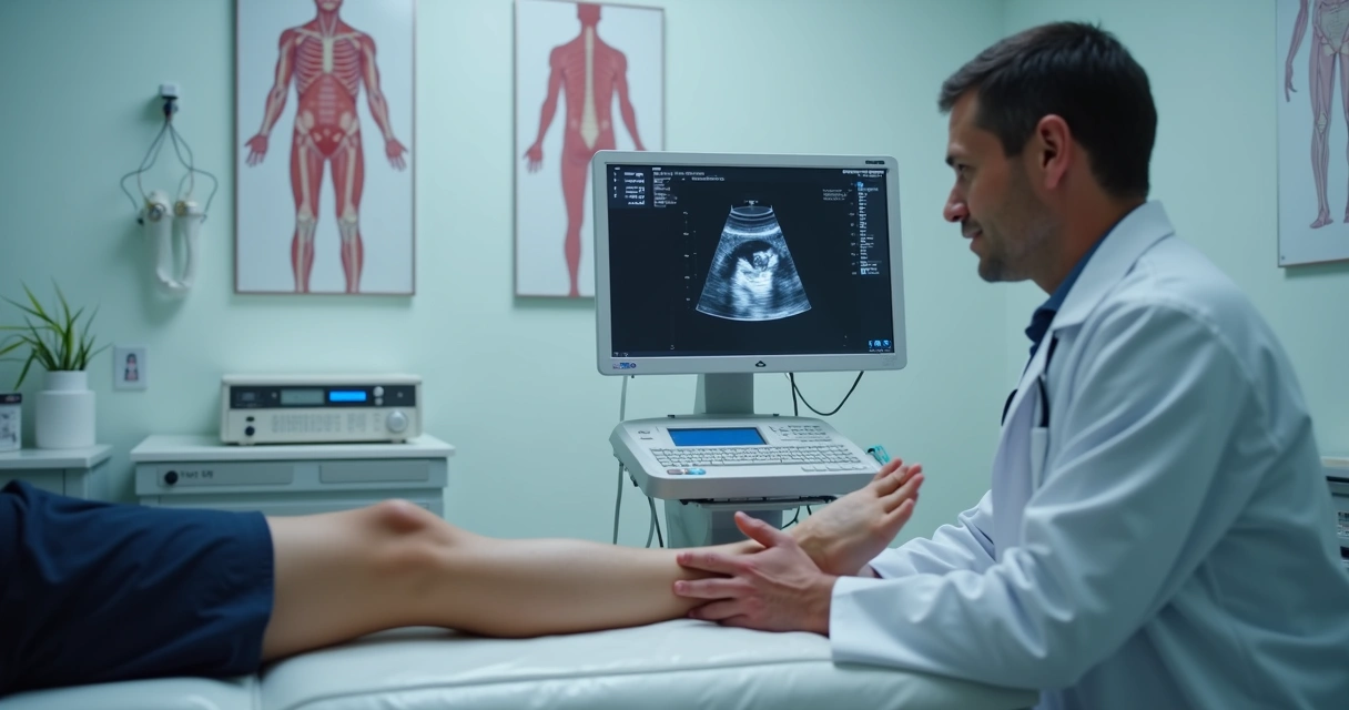 Médico examinando paciente com ultrassom vascular nas pernas 