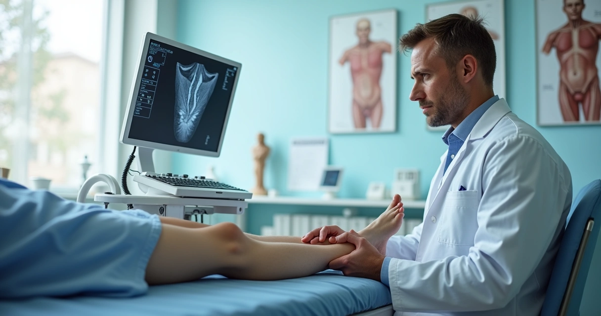 Médico realizando exame vascular nas pernas de paciente 