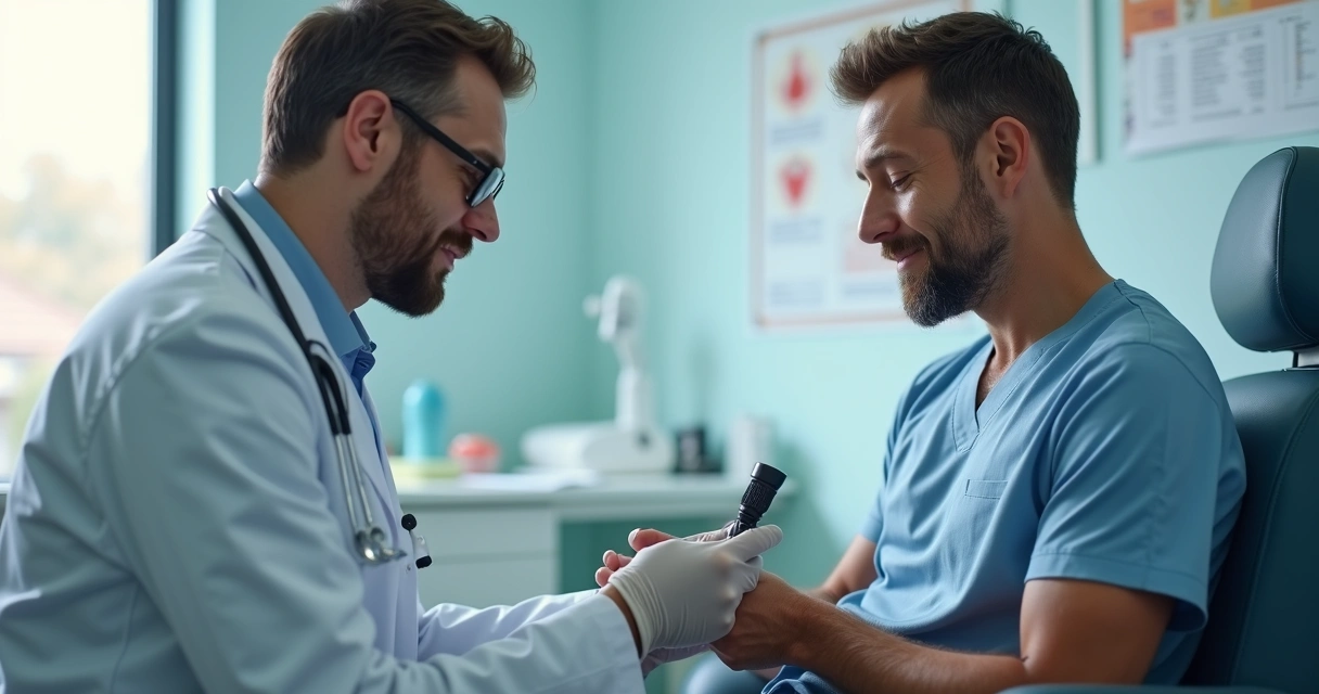 Médico analisando lesões genitais masculinas 