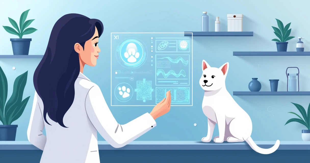 Veterinário analisando um exame com ajuda de inteligência artificial em tela digital 