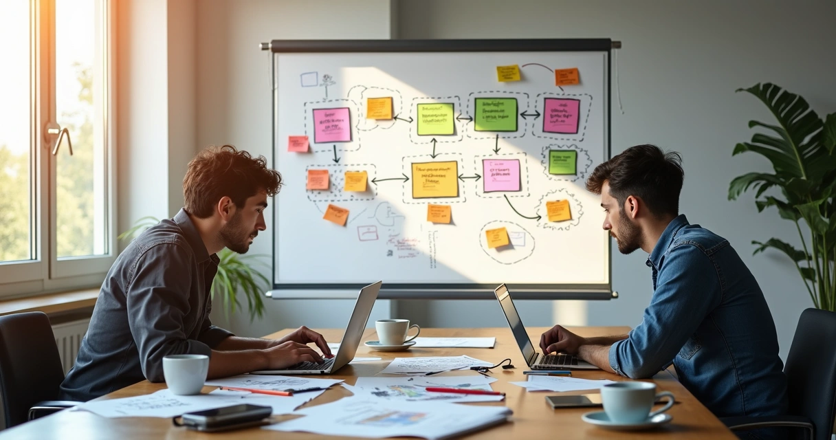 Desenvolvedores analisando fluxos de API em um quadro branco 