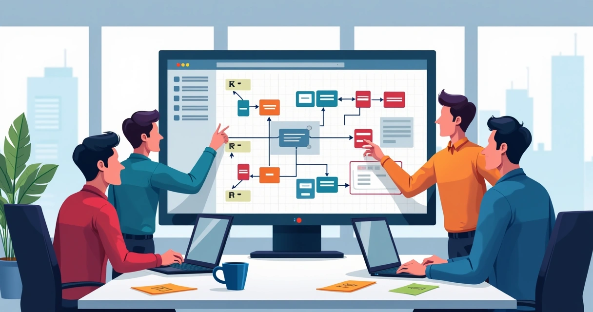 Equipe de tecnologia colaborando em um diagrama digital em tela grande 