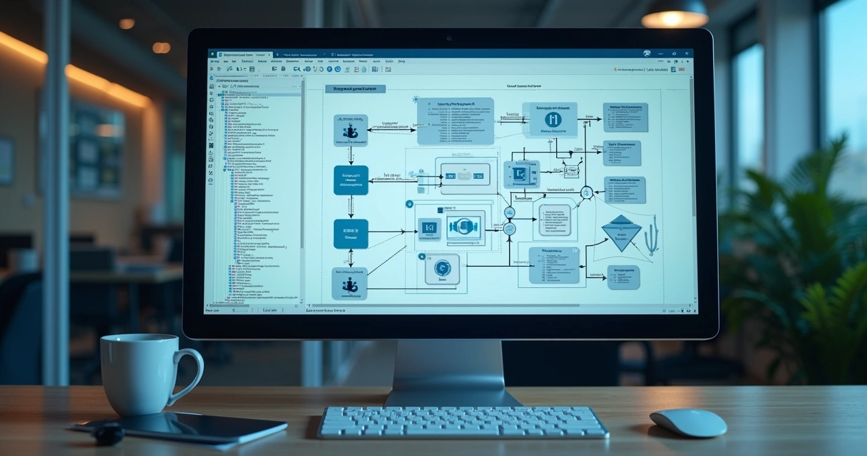 Tela de computador exibindo diagrama detalhado de arquitetura de sistemas com componentes, fluxos e integrações em design claro e moderno