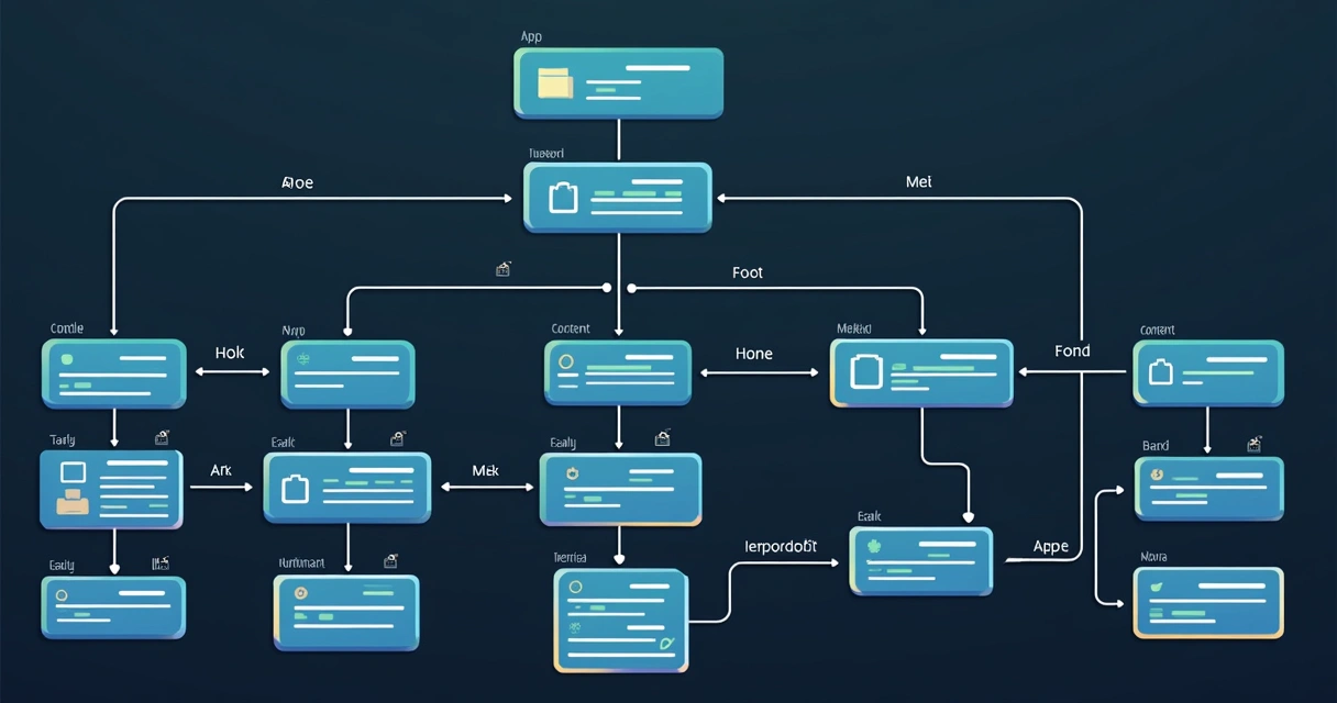 Árvore de componentes React visualmente conectados, destacando props e estados