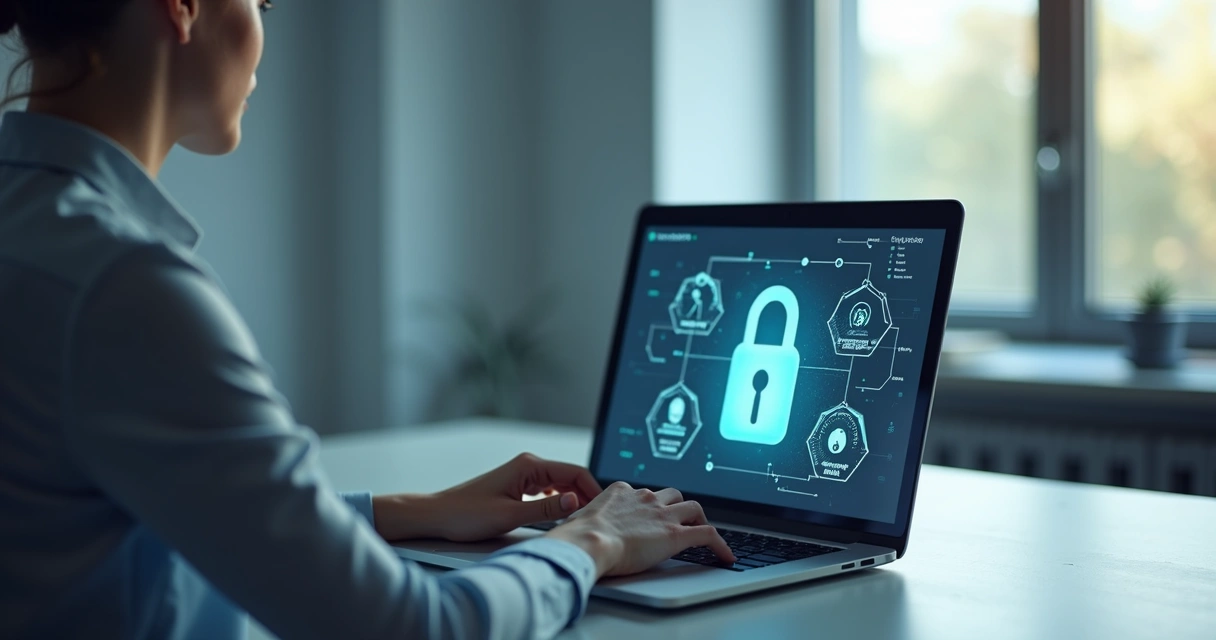 Profissional de tecnologia em laptop com diagrama protegido por cadeado na tela