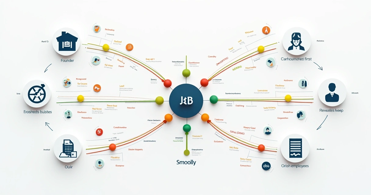 Diagrama colorido conectando membros de uma família e símbolos de negócios 