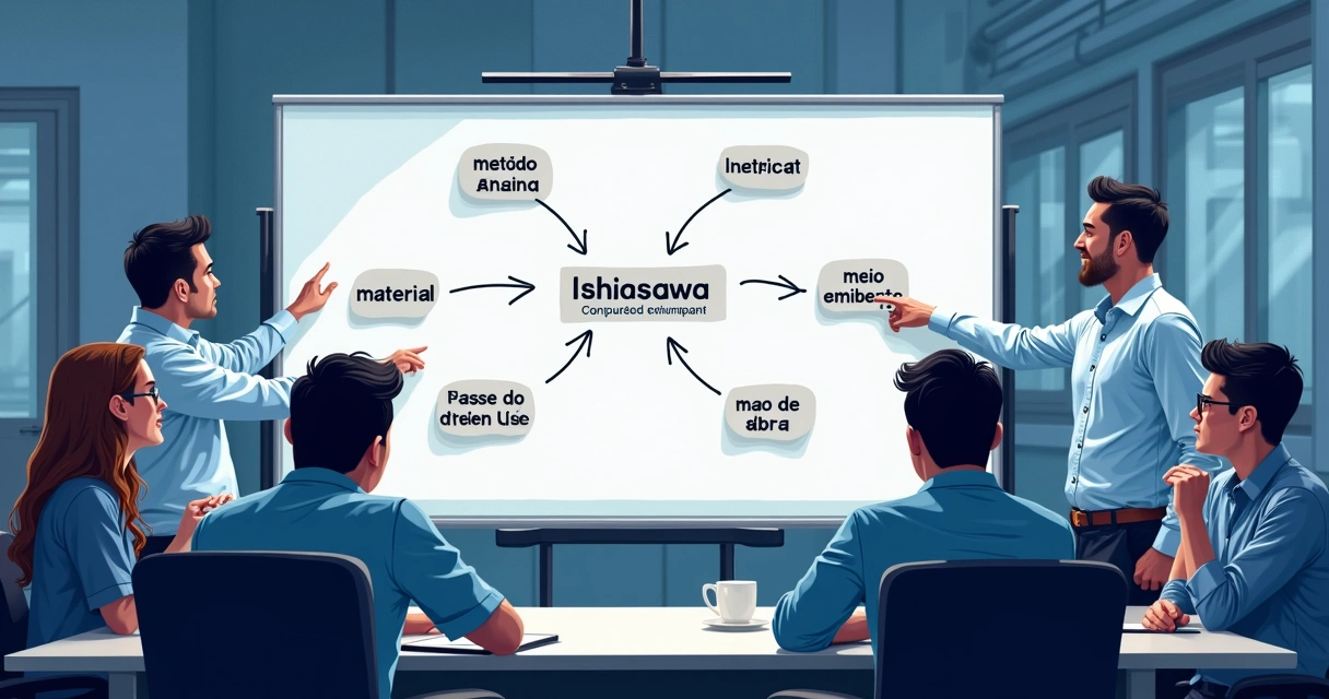 Diagrama de espinha de peixe mostrando causas de falha em acionador de motor industrial 