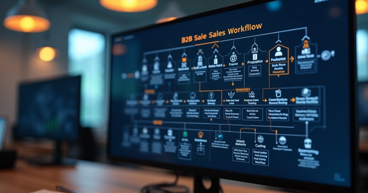 Diagrama de etapas em um workflow de vendas B2B automatizado exibido em tela digital 