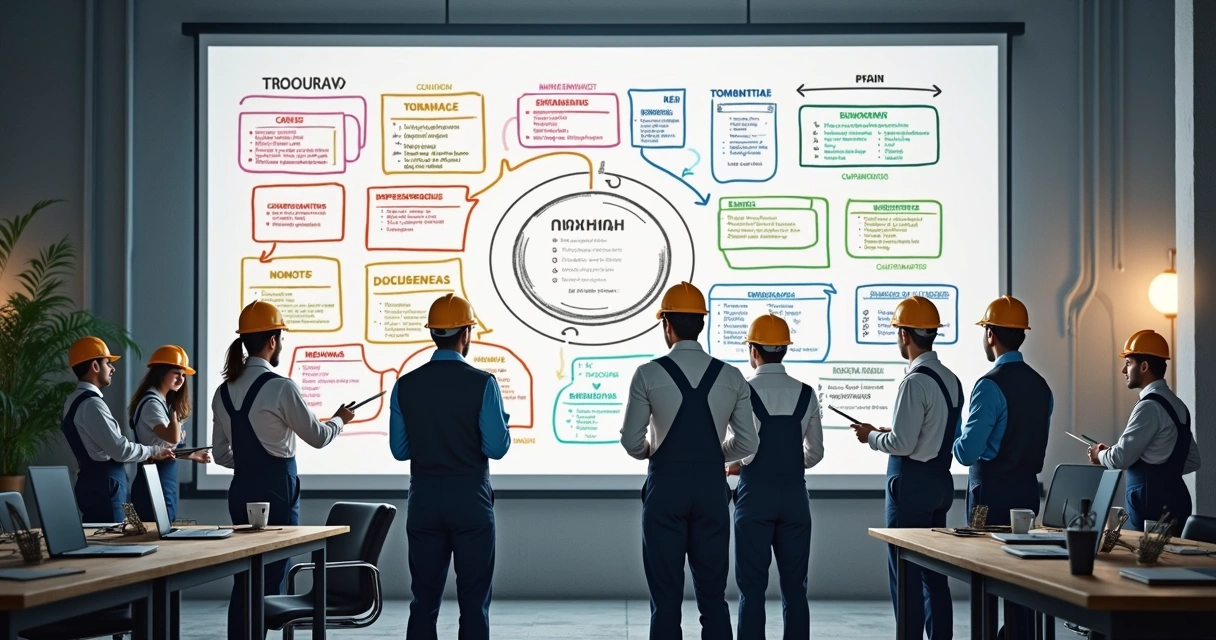 Diagrama de Ishikawa preenchido em quadro branco industrial 