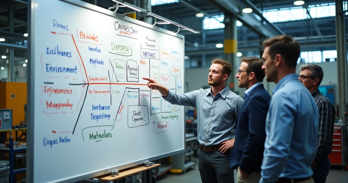 Diagrama de Ishikawa preenchido com exemplos industriais 