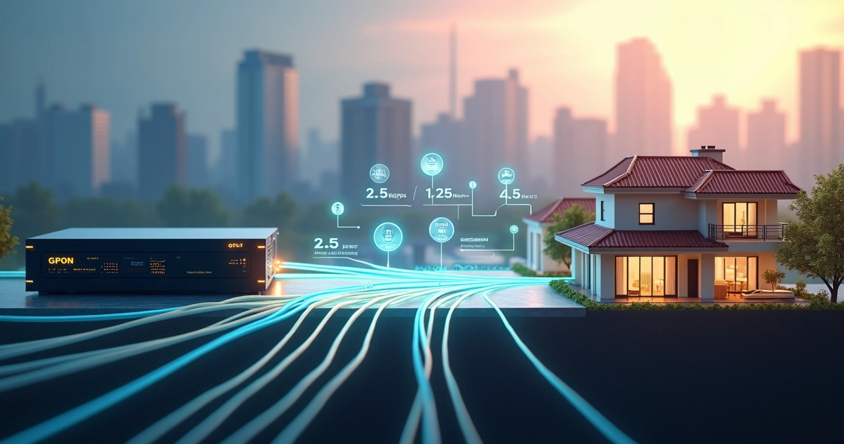 Diagrama conceitual de OLT GPON e rede de fibra óptica FTTH 