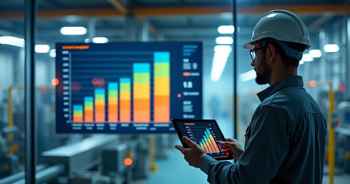 Engenheiro analisando diagrama de Pareto com causas de falhas em fábrica industrial 