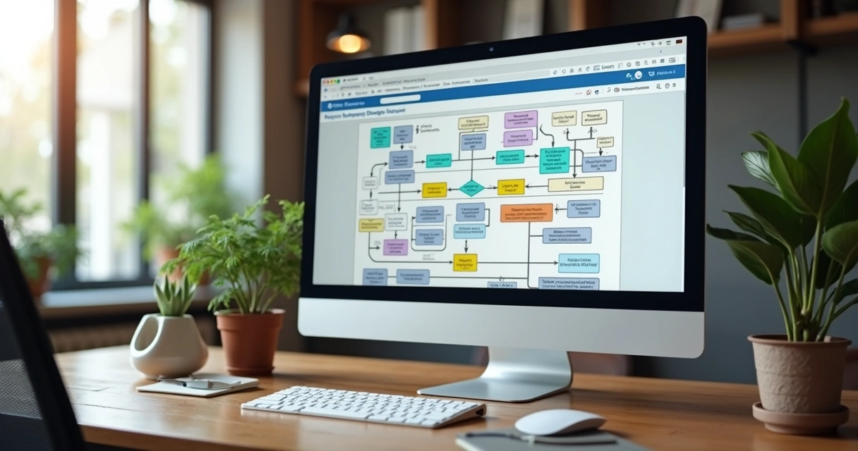 Diagrama visual de processo de negócios na tela de computador 