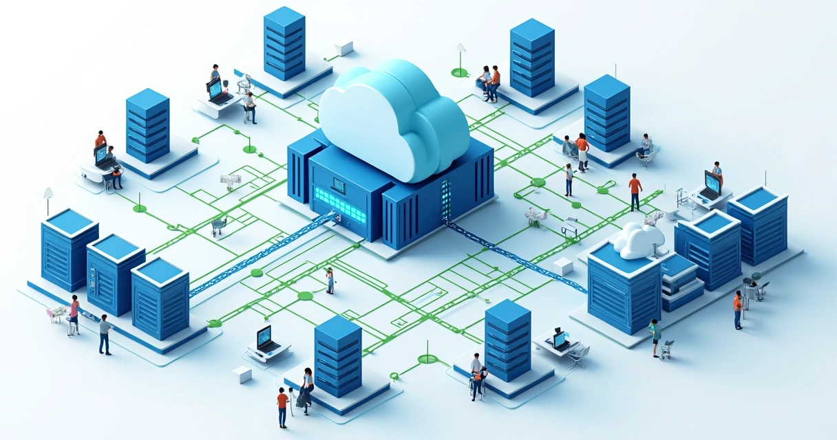 Diagrama visual colorido de rede corporativa híbrida