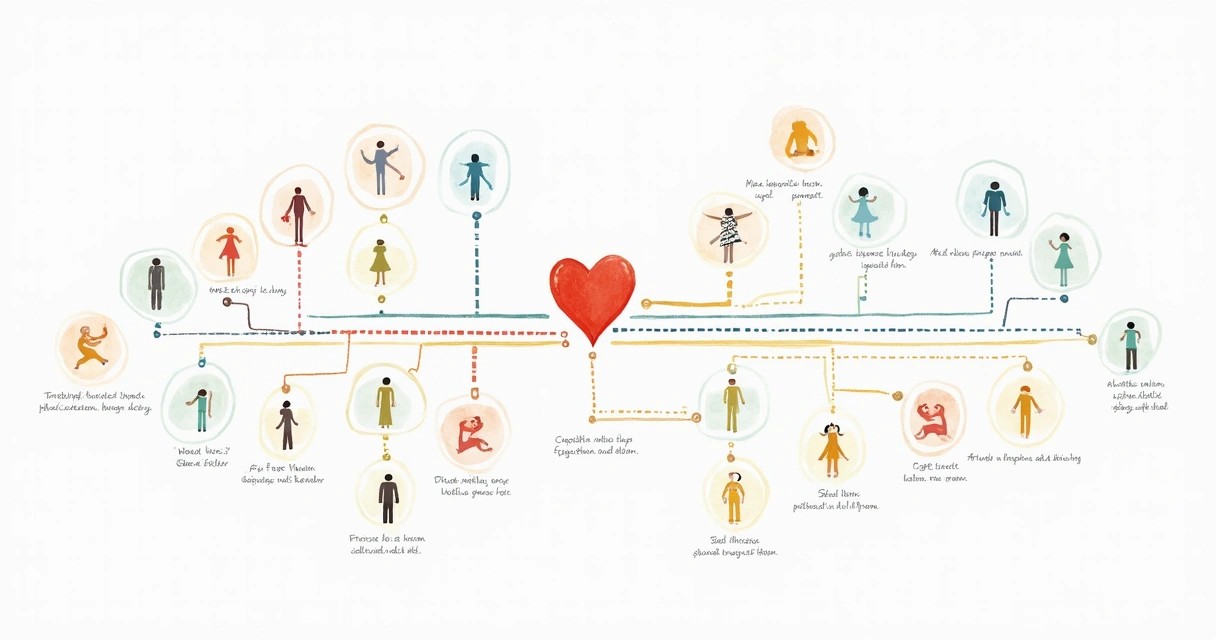 Diagrama visual representando conexões entre membros de uma família. 